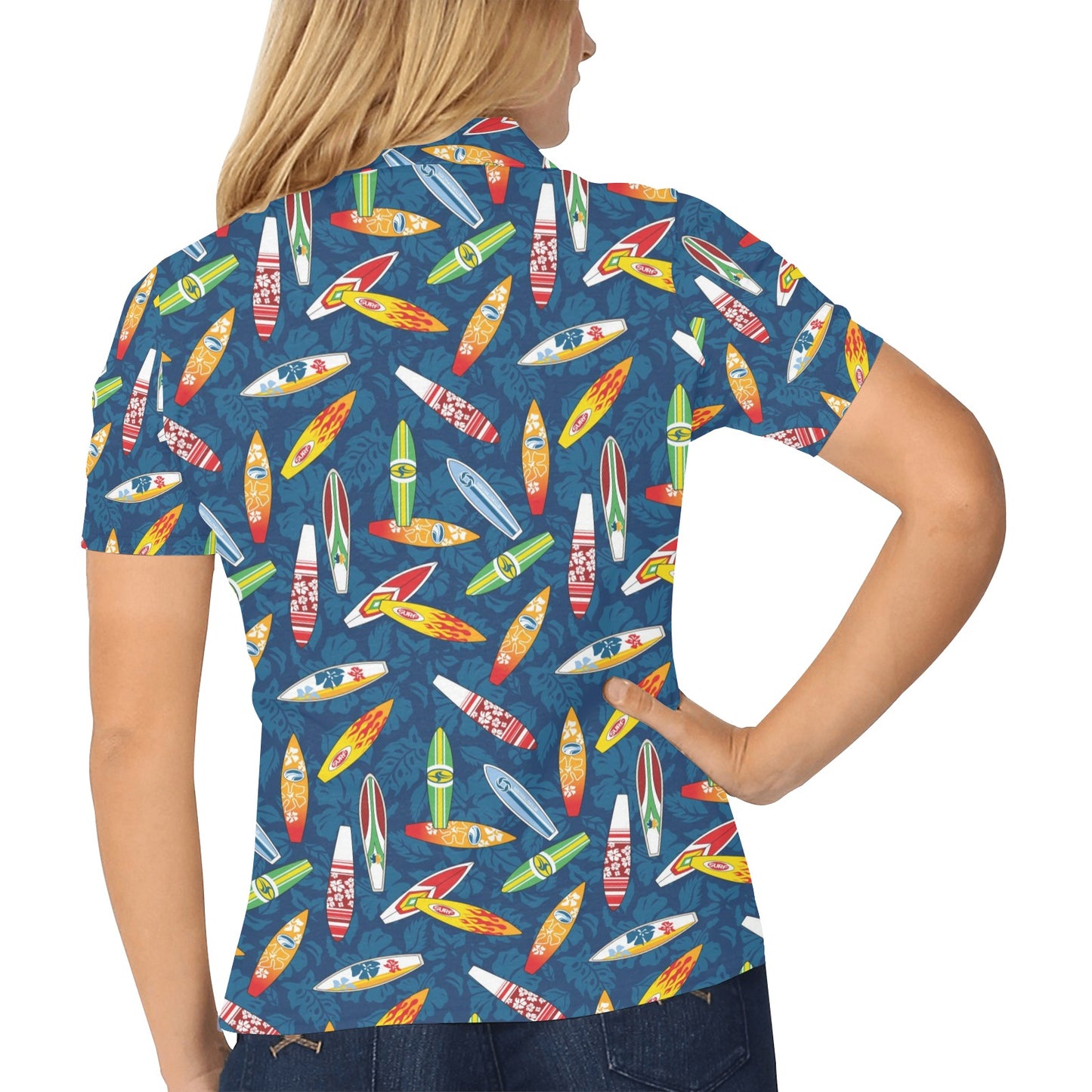 Surfboard Pattern Print Women's Polo Shirt