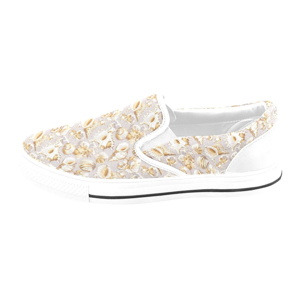 Seashell Print Design LKS309 White Slip Ons Canvas Women's Shoes