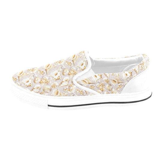 Seashell Print Design LKS309 White Slip Ons Canvas Women's Shoes
