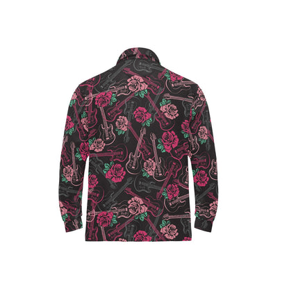 Bass Guitar Pink Rose Pattern Print Design 01 Long Sleeve Polo Shirt For Men's
