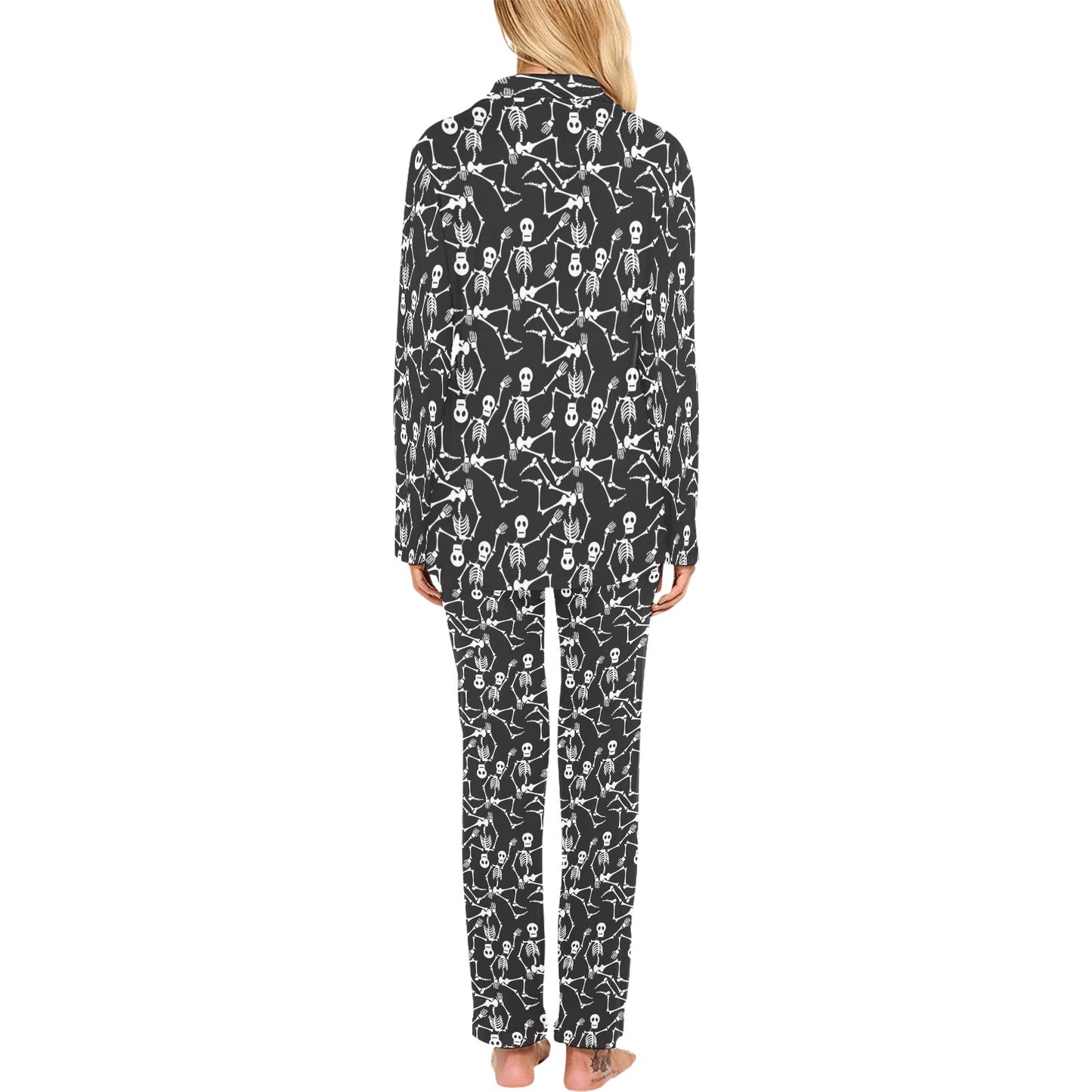 Skeleton Themed Print Women's Long Pajama Set