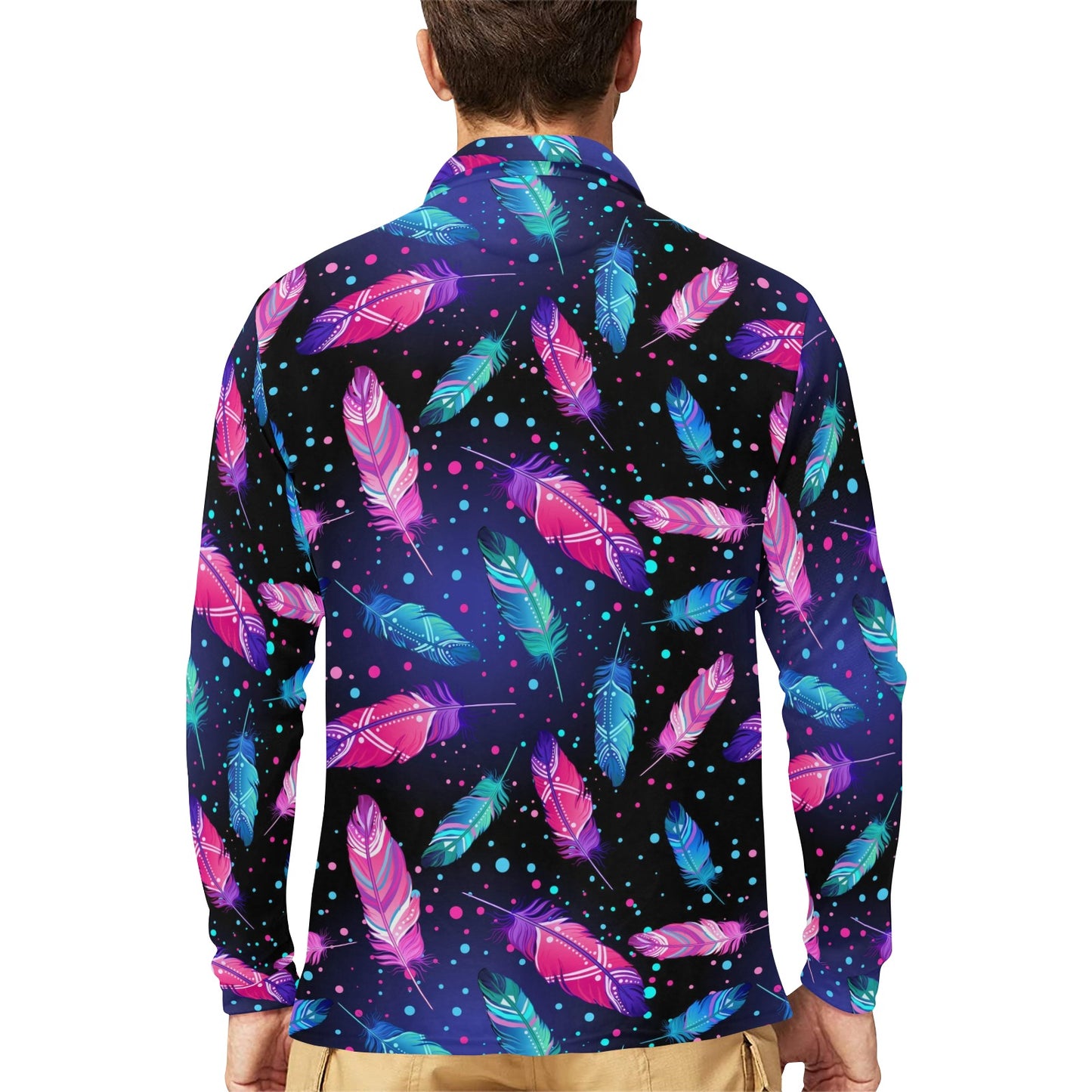 Feather Colorful Boho Design Print Long Sleeve Polo Shirt For Men's
