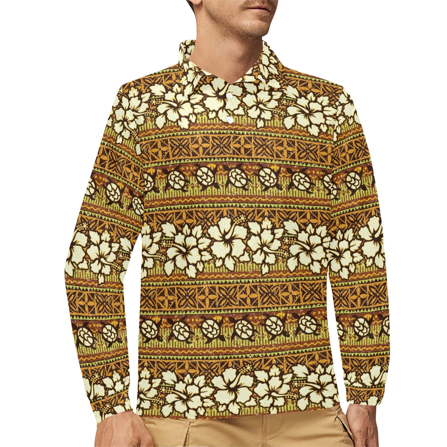 Hawaiian Themed Pattern Print Design H015 Long Sleeve Polo Shirt For Men's
