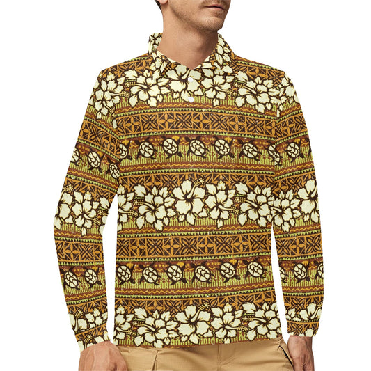 Hawaiian Themed Pattern Print Design H015 Long Sleeve Polo Shirt For Men's
