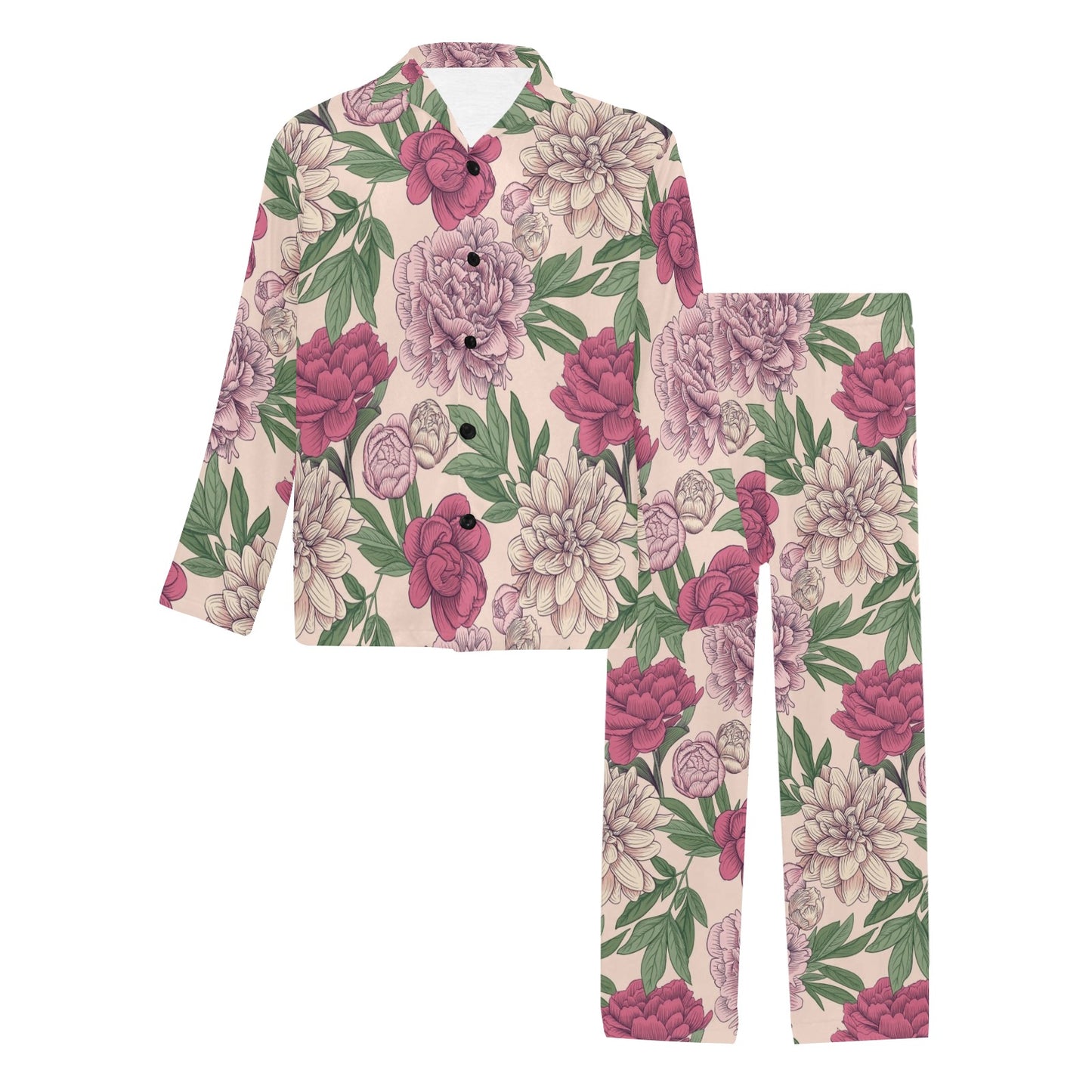 Peony Pattern Print Design A01 Men's Long Pajama Set