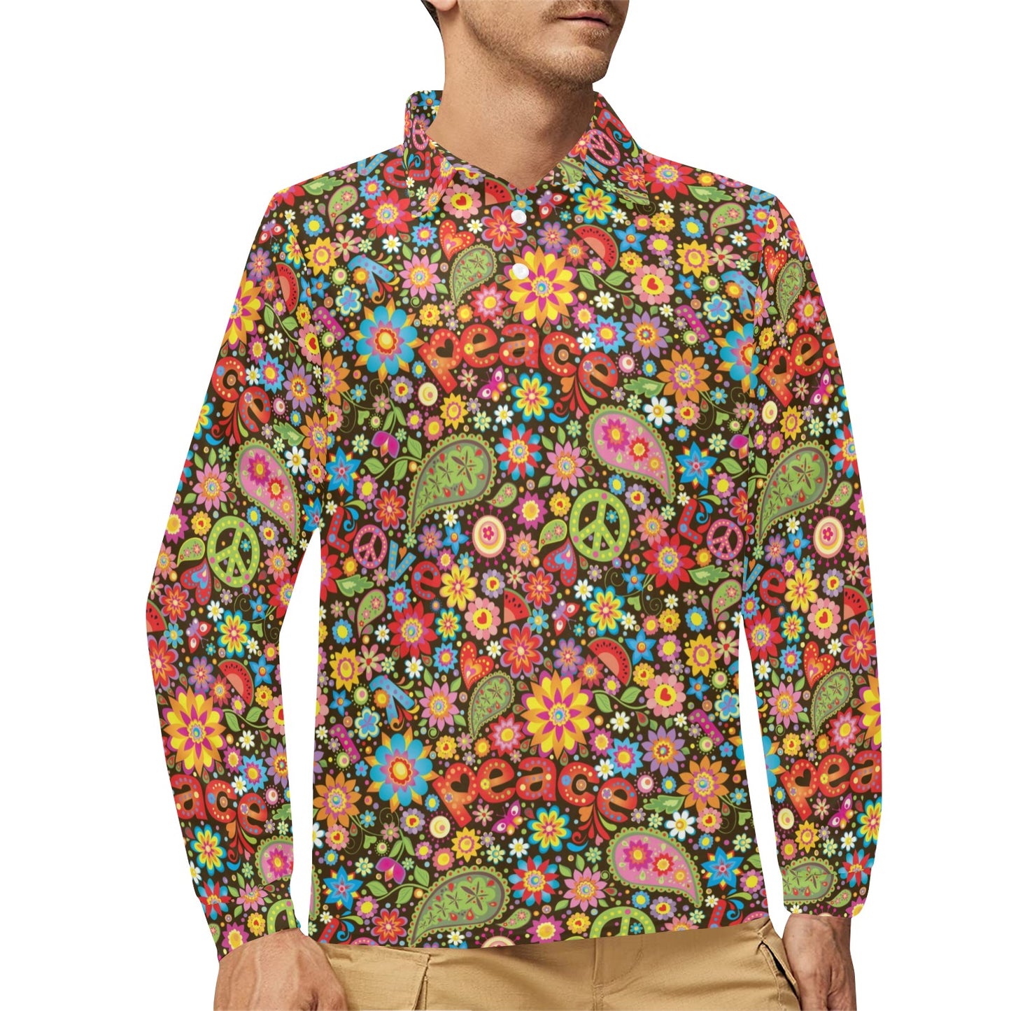 Flower Power Peace Paisley Themed Print Long Sleeve Polo Shirt For Men's