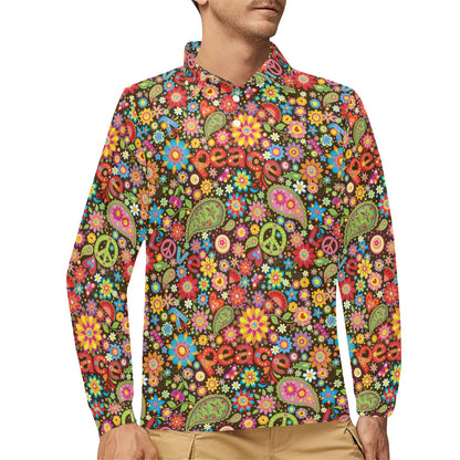 Flower Power Peace Paisley Themed Print Long Sleeve Polo Shirt For Men's