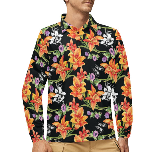 Tropical Flower Pattern Print Design TF02 Long Sleeve Polo Shirt For Men's