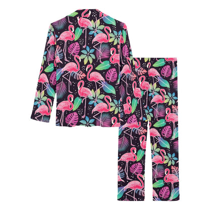 Flamingo Tropical leaves Neon Print Women's Long Pajama Set