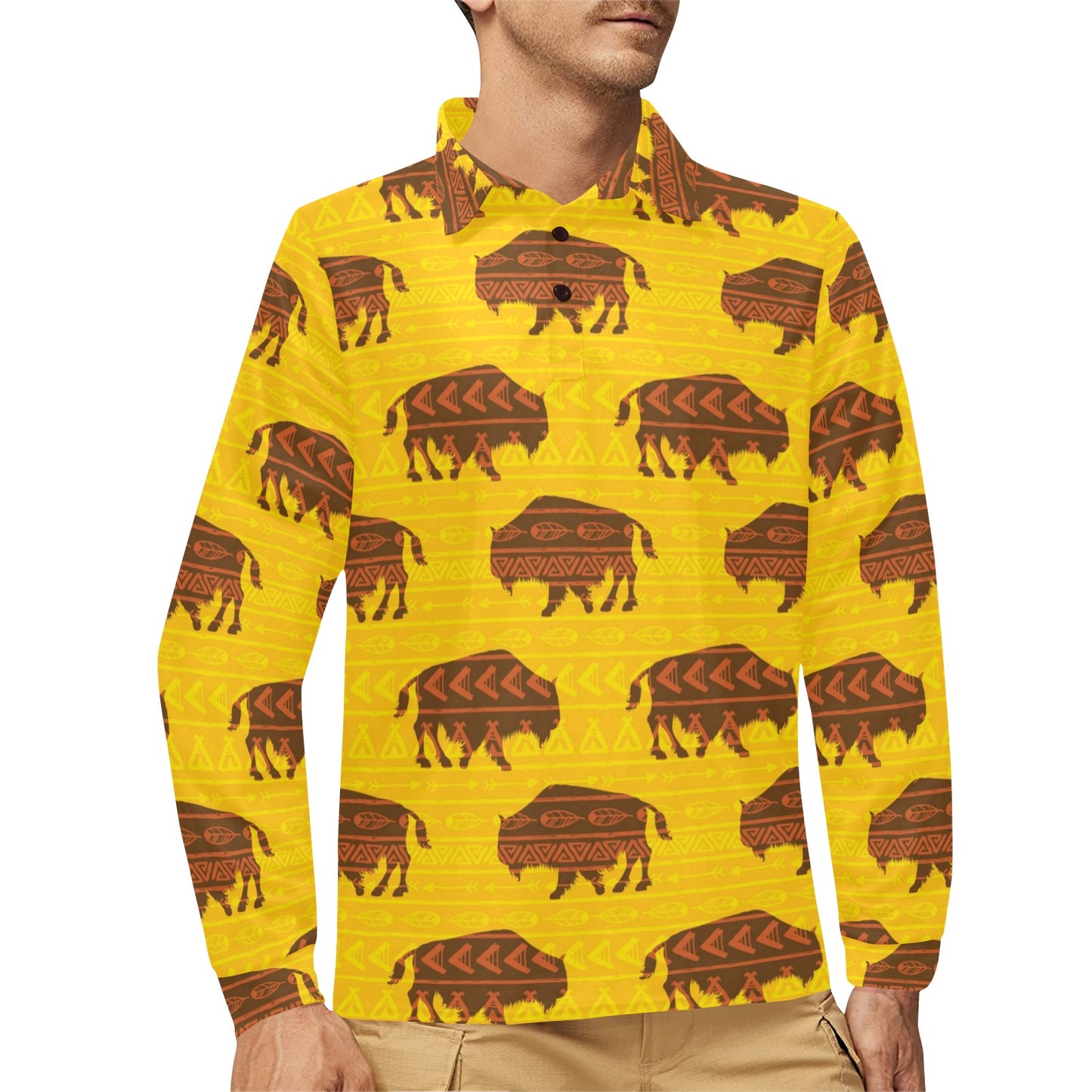 Bison Native Pattern Print Design 01 Long Sleeve Polo Shirt For Men's