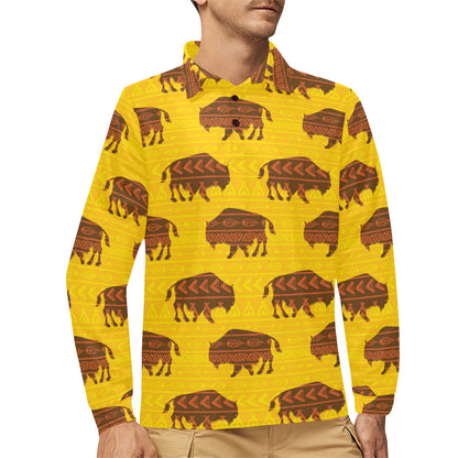 Bison Native Pattern Print Design 01 Long Sleeve Polo Shirt For Men's