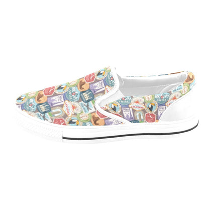 Travel Stamp Print Design LKS301 White Slip Ons Canvas Women's Shoes