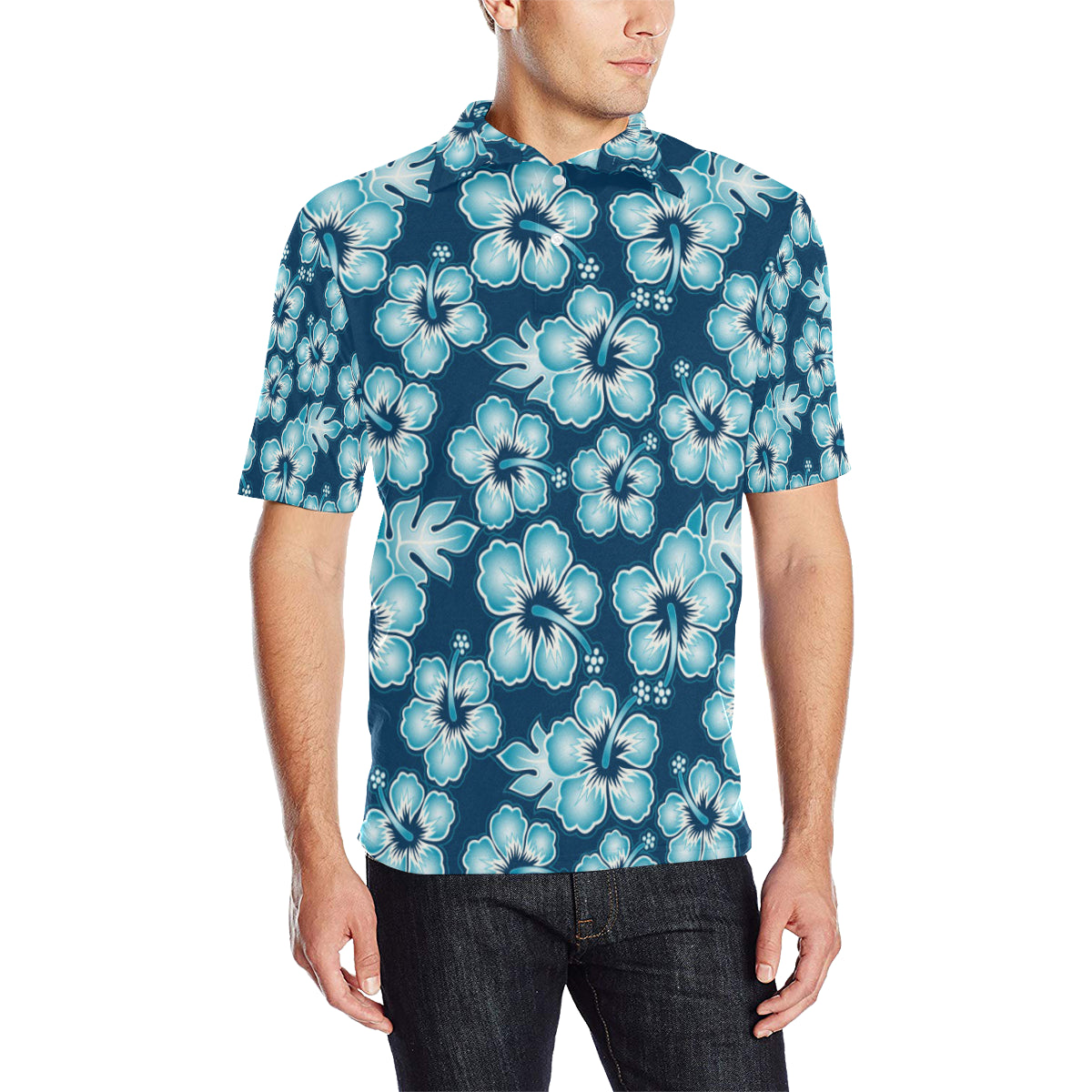 Blue Hibiscus Pattern Print Design HB011 Men Polo Shirt