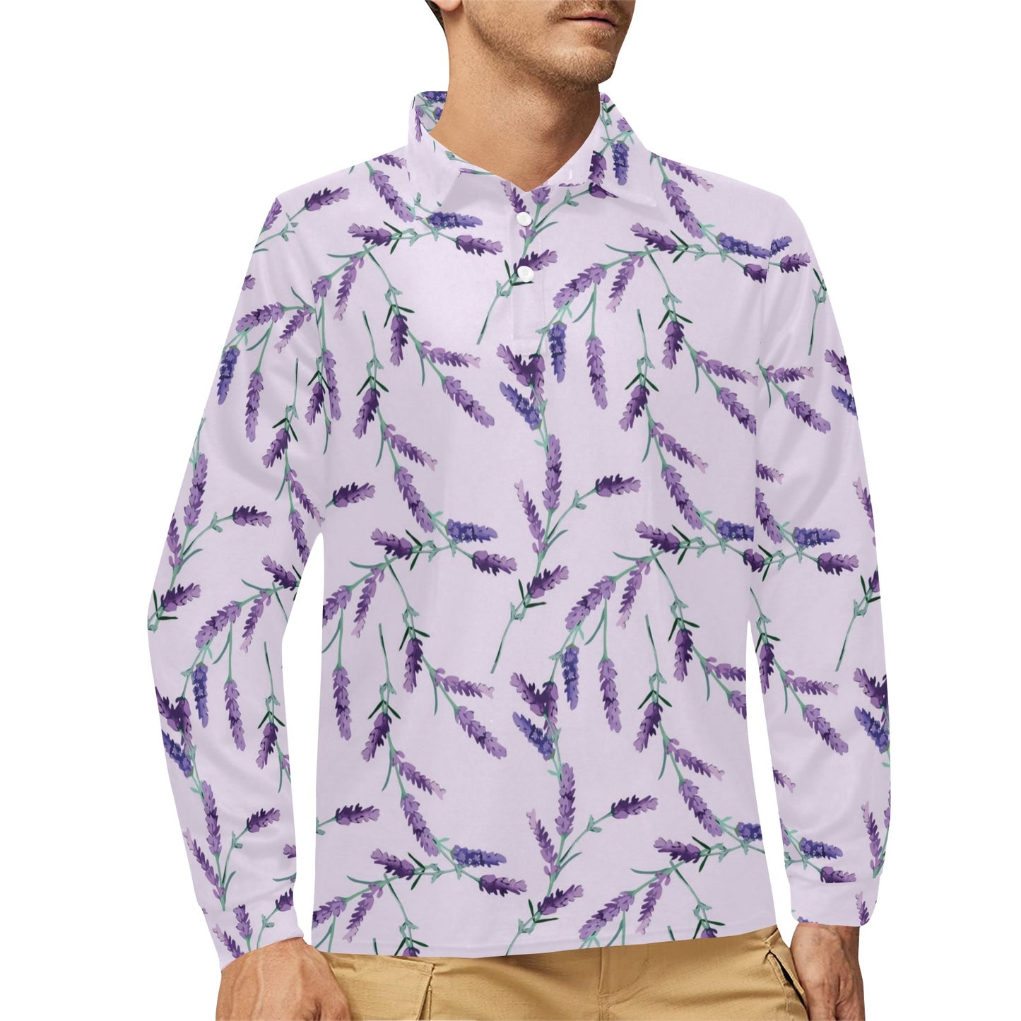 Lavender Pattern Print Design 02 Long Sleeve Polo Shirt For Men's