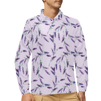 Lavender Pattern Print Design 02 Long Sleeve Polo Shirt For Men's
