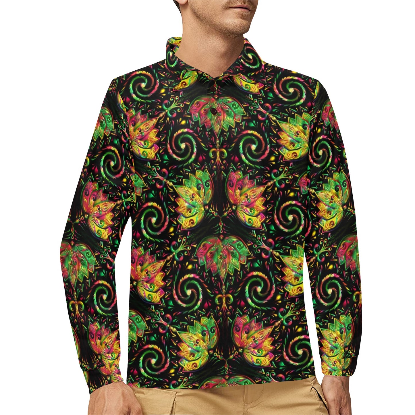 lotus Boho Pattern Print Design LO09 Long Sleeve Polo Shirt For Men's