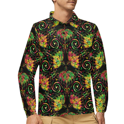 lotus Boho Pattern Print Design LO09 Long Sleeve Polo Shirt For Men's