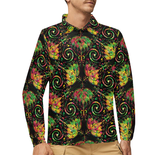lotus Boho Pattern Print Design LO09 Long Sleeve Polo Shirt For Men's