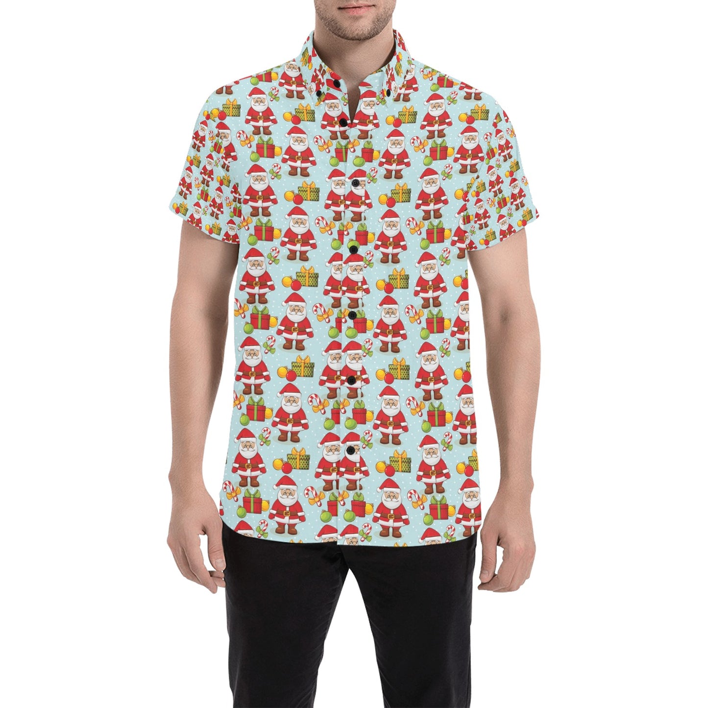 Santa Christmas Themed Print Design LKS303 Men Short Sleeve Button Up Shirt