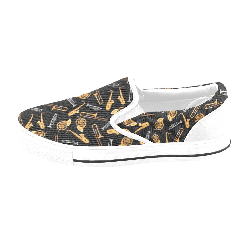 Saxophone Print Design LKS403 White Slip Ons Canvas Women's Shoes