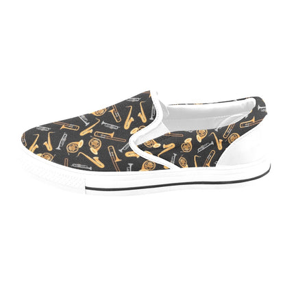 Saxophone Print Design LKS403 White Slip Ons Canvas Women's Shoes