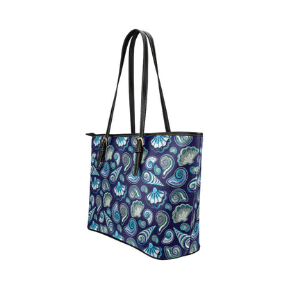 Beach Seashell Blue Print Leather Tote Bag