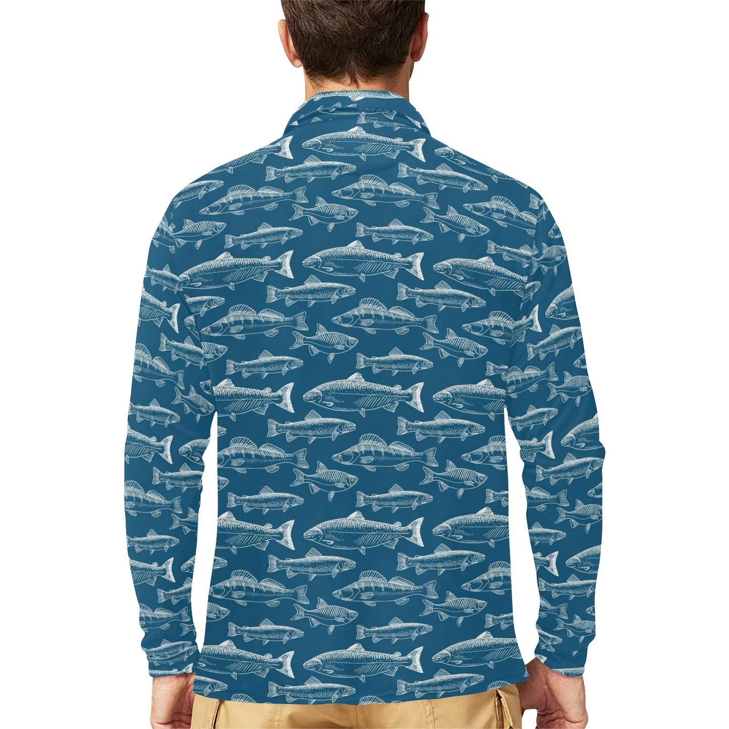 Salmon Fish Print Design LKS301 Long Sleeve Polo Shirt For Men's