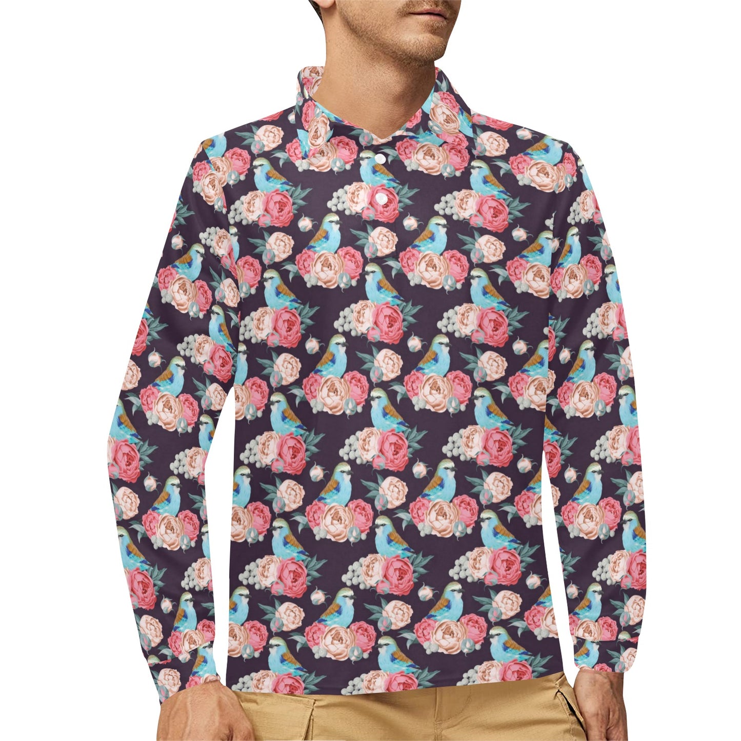 Bluebird Pattern Print Design 02 Long Sleeve Polo Shirt For Men's