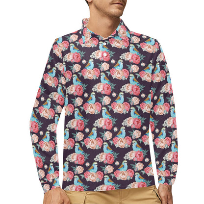 Bluebird Pattern Print Design 02 Long Sleeve Polo Shirt For Men's