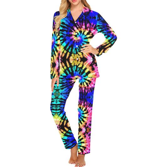 Tie Dye Rainbow Design Print Women's Long Pajama Set