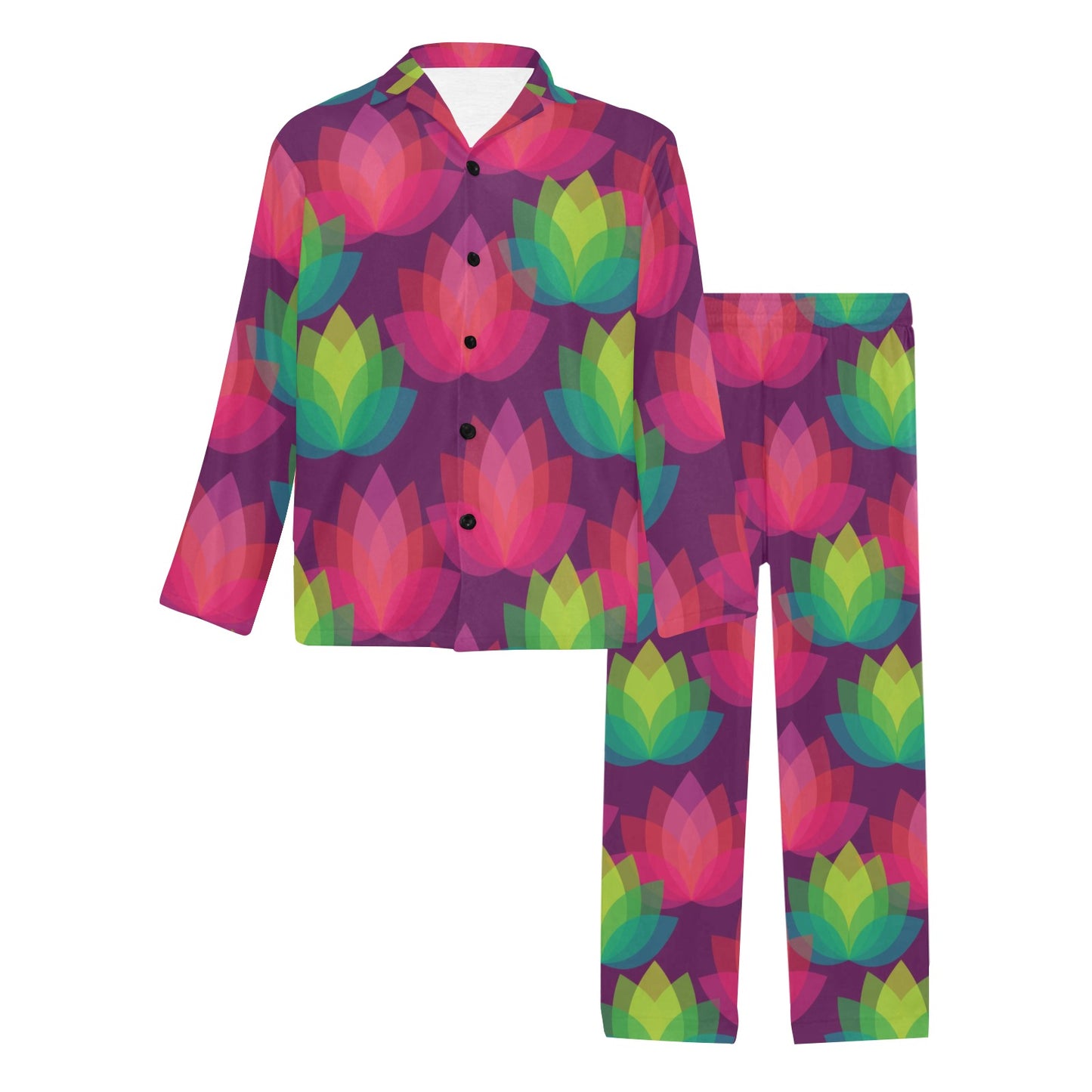 Lotus Pattern Print Design 02 Men's Long Pajama Set