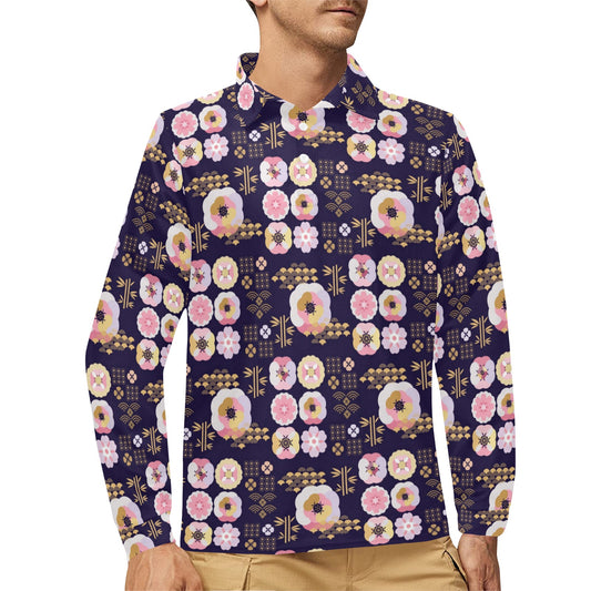 Sakura Japan Style Print Design LKS302 Long Sleeve Polo Shirt For Men's
