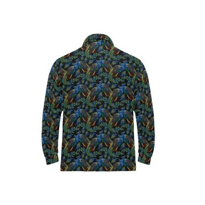 Peacock Themed Design Print Long Sleeve Polo Shirt For Men's