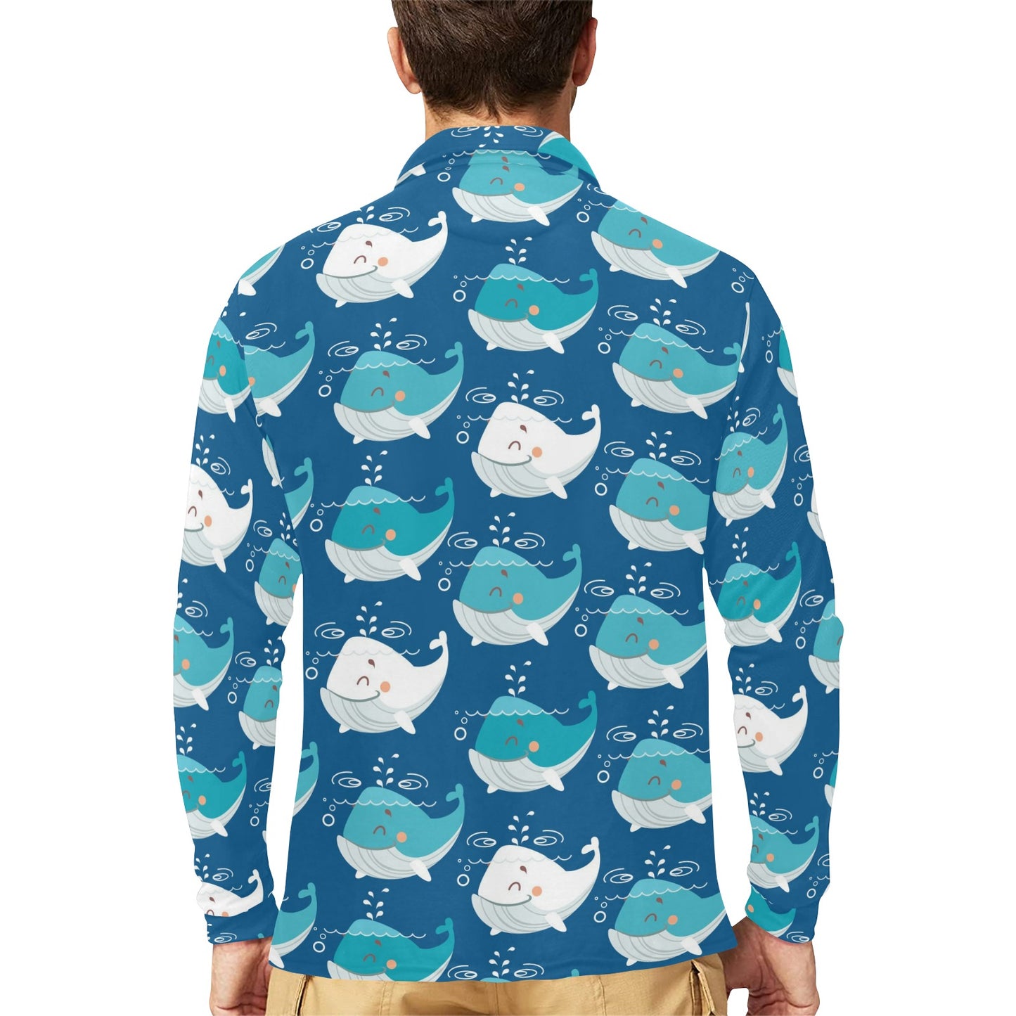 Blue Whale Pattern Print Design 01 Long Sleeve Polo Shirt For Men's