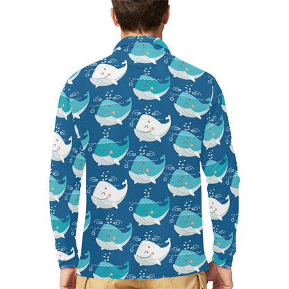 Blue Whale Pattern Print Design 01 Long Sleeve Polo Shirt For Men's
