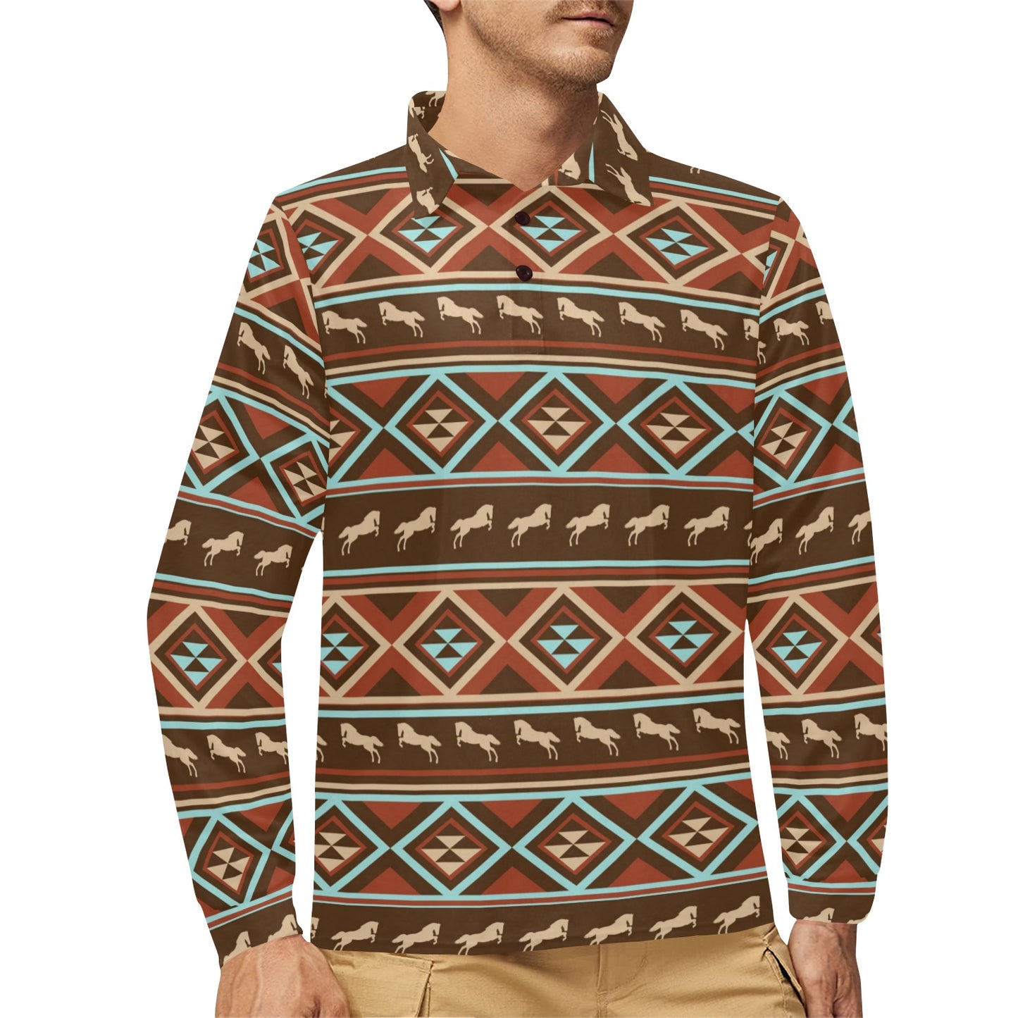 Western Horse Pattern Print LKS301 Long Sleeve Polo Shirt For Men's