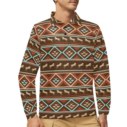 Western Horse Pattern Print LKS301 Long Sleeve Polo Shirt For Men's