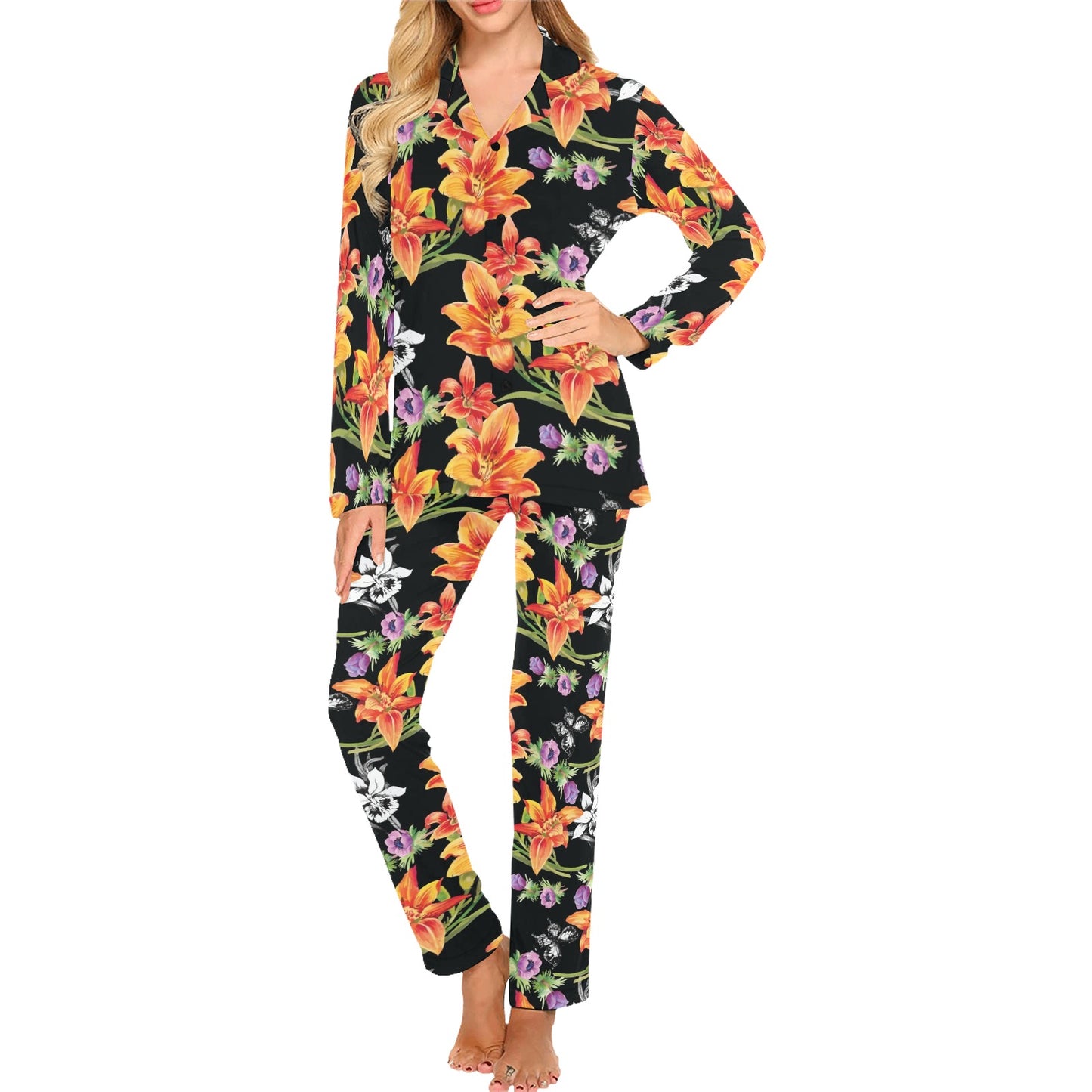 Tropical Flower Pattern Print Design TF02 Women's Long Pajama Set