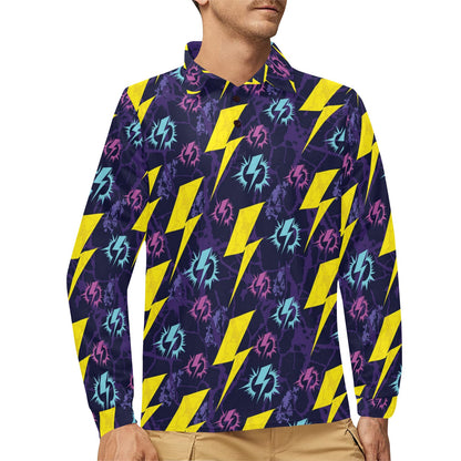 Lightning Thunder Pattern Print Design 01 Long Sleeve Polo Shirt For Men's