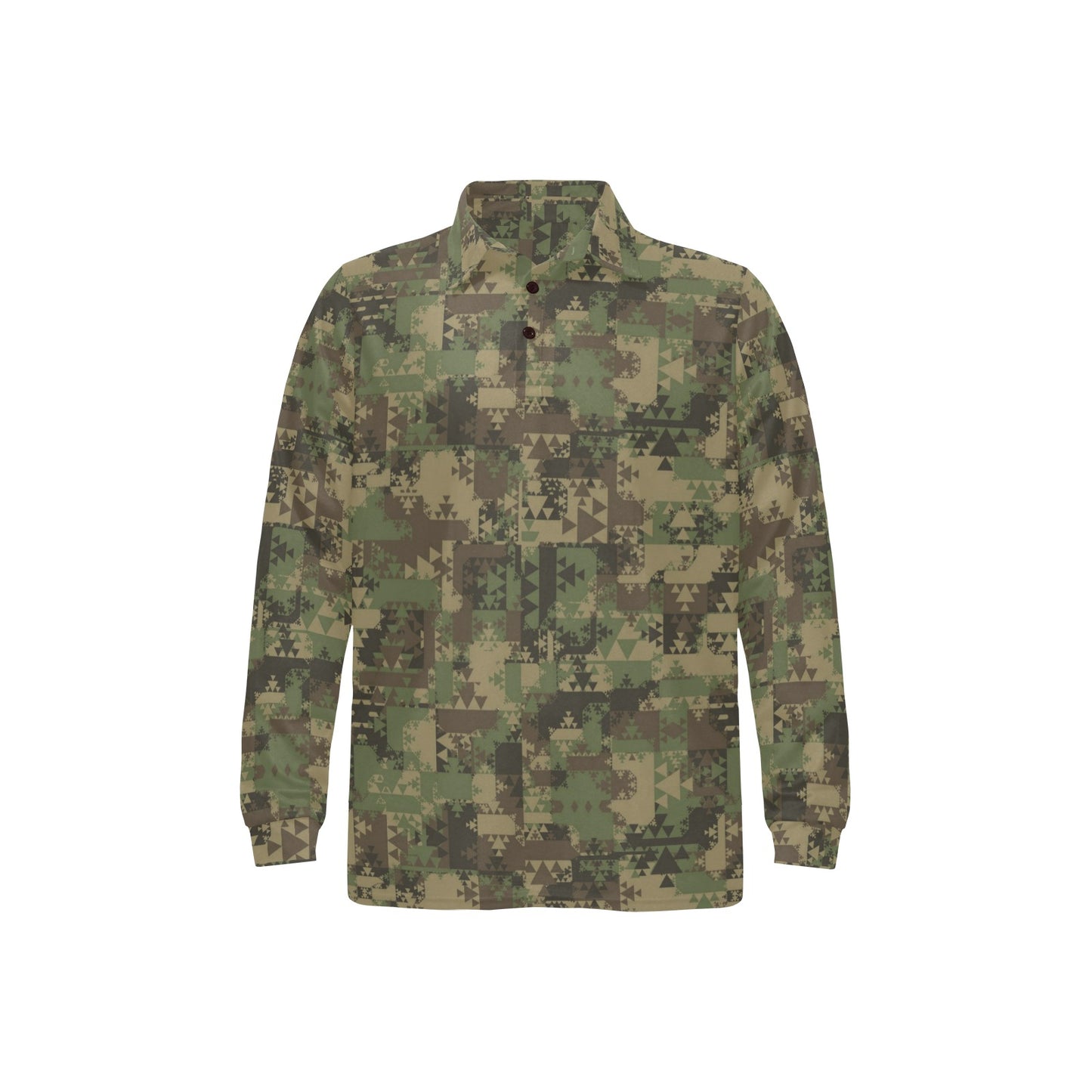 Camouflage Aztec Green Army Print Long Sleeve Polo Shirt For Men's