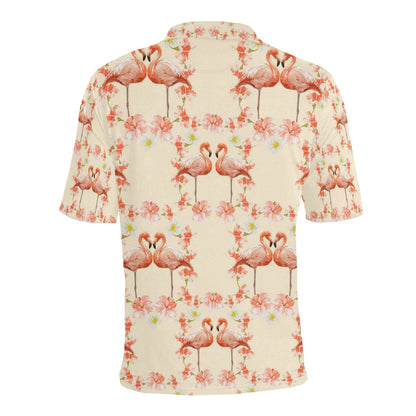 Flamingo Hibiscus Print Pattern Men Polo Shirt