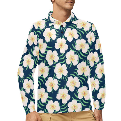 Pink Plumeria Pattern Print Design PM016 Long Sleeve Polo Shirt For Men's
