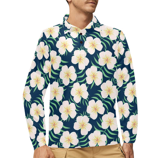 Pink Plumeria Pattern Print Design PM016 Long Sleeve Polo Shirt For Men's