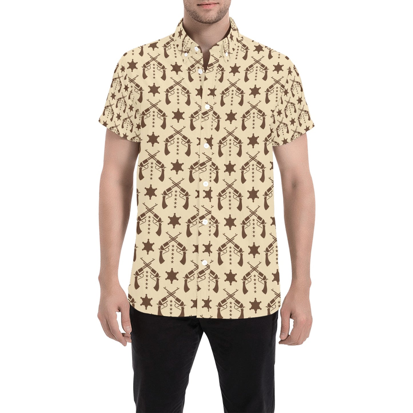 Western Cowboy Print Design LKS302 Men Short Sleeve Button Up Shirt