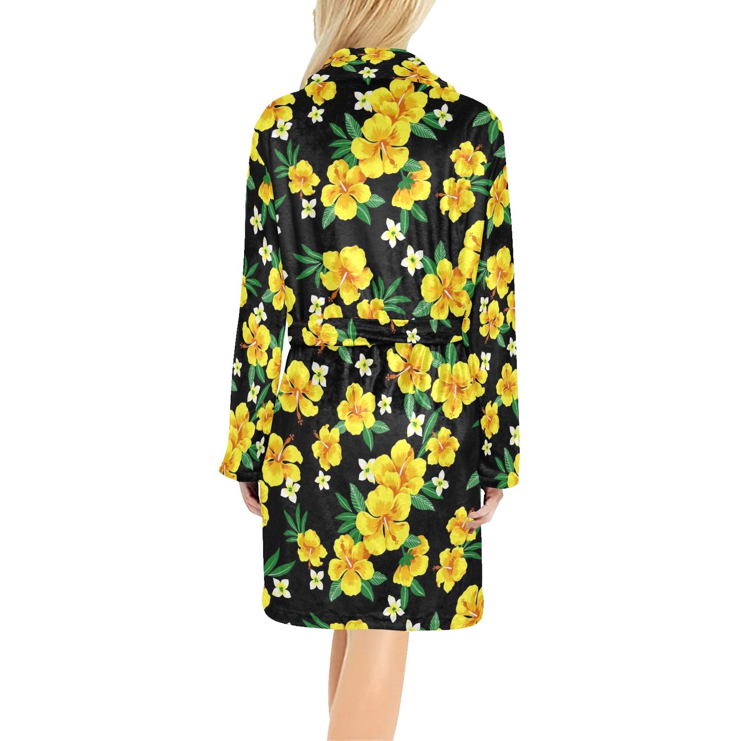 Yellow Hibiscus Pattern Print Design HB08 Women's Fleece Robe