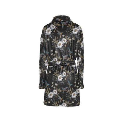 Hummingbird with Embroidery Themed Print Women's Fleece Robe