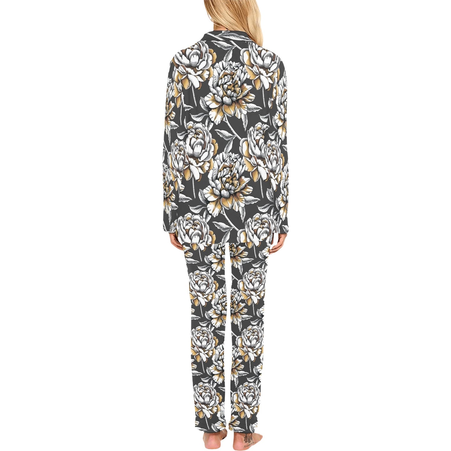 Peony Pattern Print Design PE06 Women's Long Pajama Set
