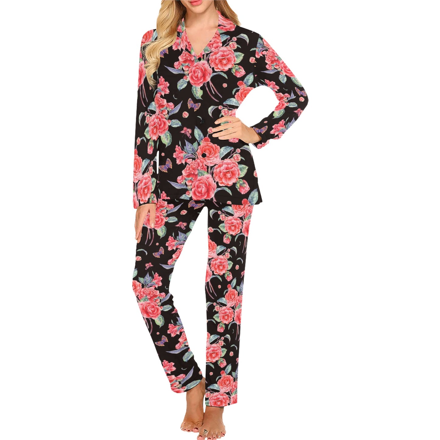 Camellia Pattern Print Design CM03 Women's Long Pajama Set