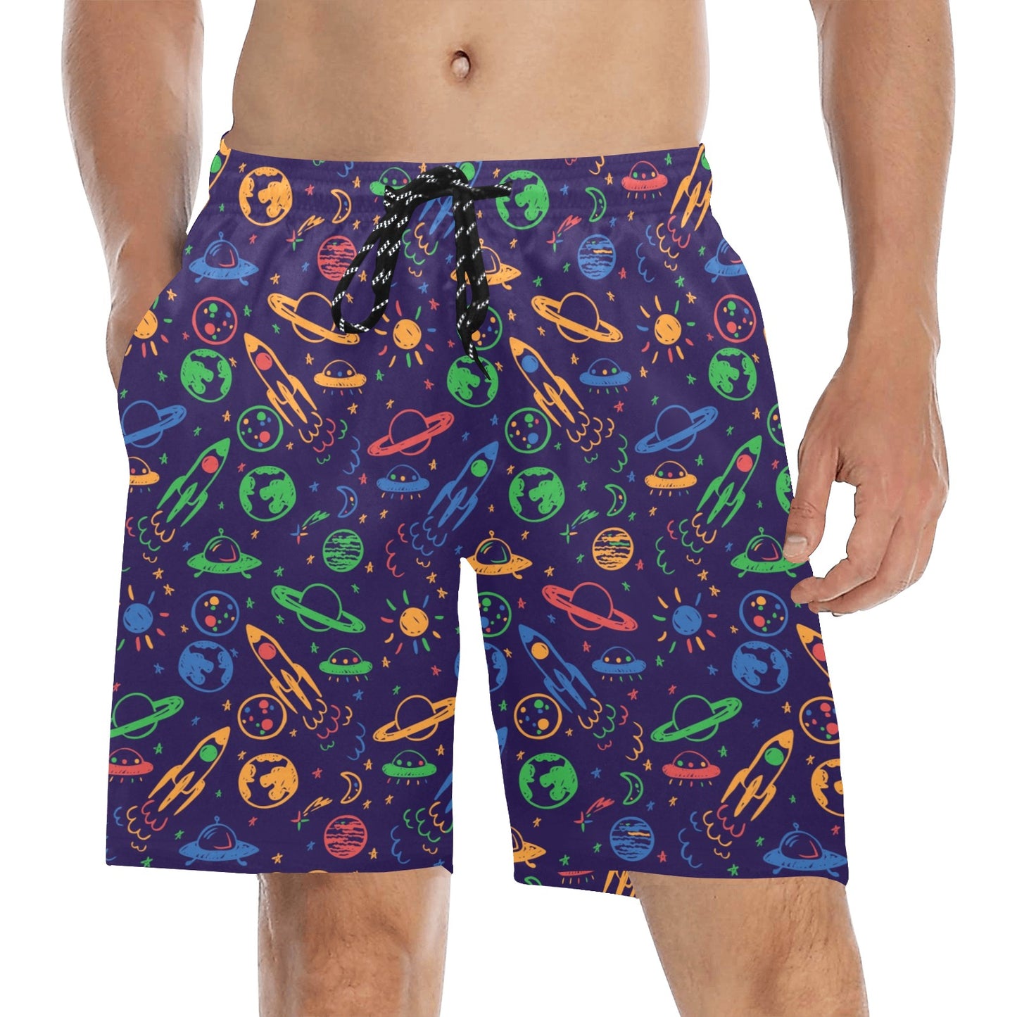 UFO Space Rocket Print Design LKS302 Men's Swim Trunks Beach Shorts