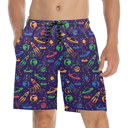 UFO Space Rocket Print Design LKS302 Men's Swim Trunks Beach Shorts
